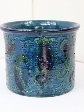 BITOSSI RIMINI BLUE CACHE GLAZED CERAMIC POT PLANTER ITALY 5"D X 6" MCM VINTAGE
